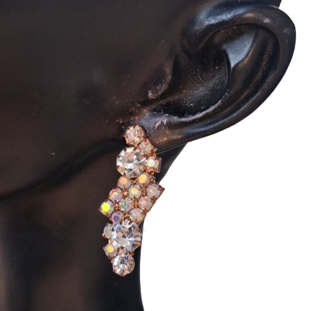 Vintage Aurora Borealis AB Rhinestone Crawler Earrings Gold Tone Prom Wedding